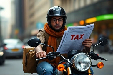 Delivery rider facing tax documents with hope